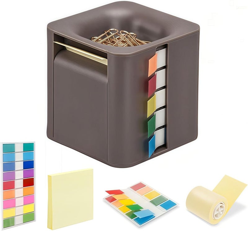 Yioekaa 5-in-1 Sticky Note Holder and Dispenser with Magnetic Paper Clip Holder, 3x3 Pop-Up Note and Annotation Labels, Full Adhesive Note Roll Desktop Organizer for Office, Study Room (Brown) - Image 1
